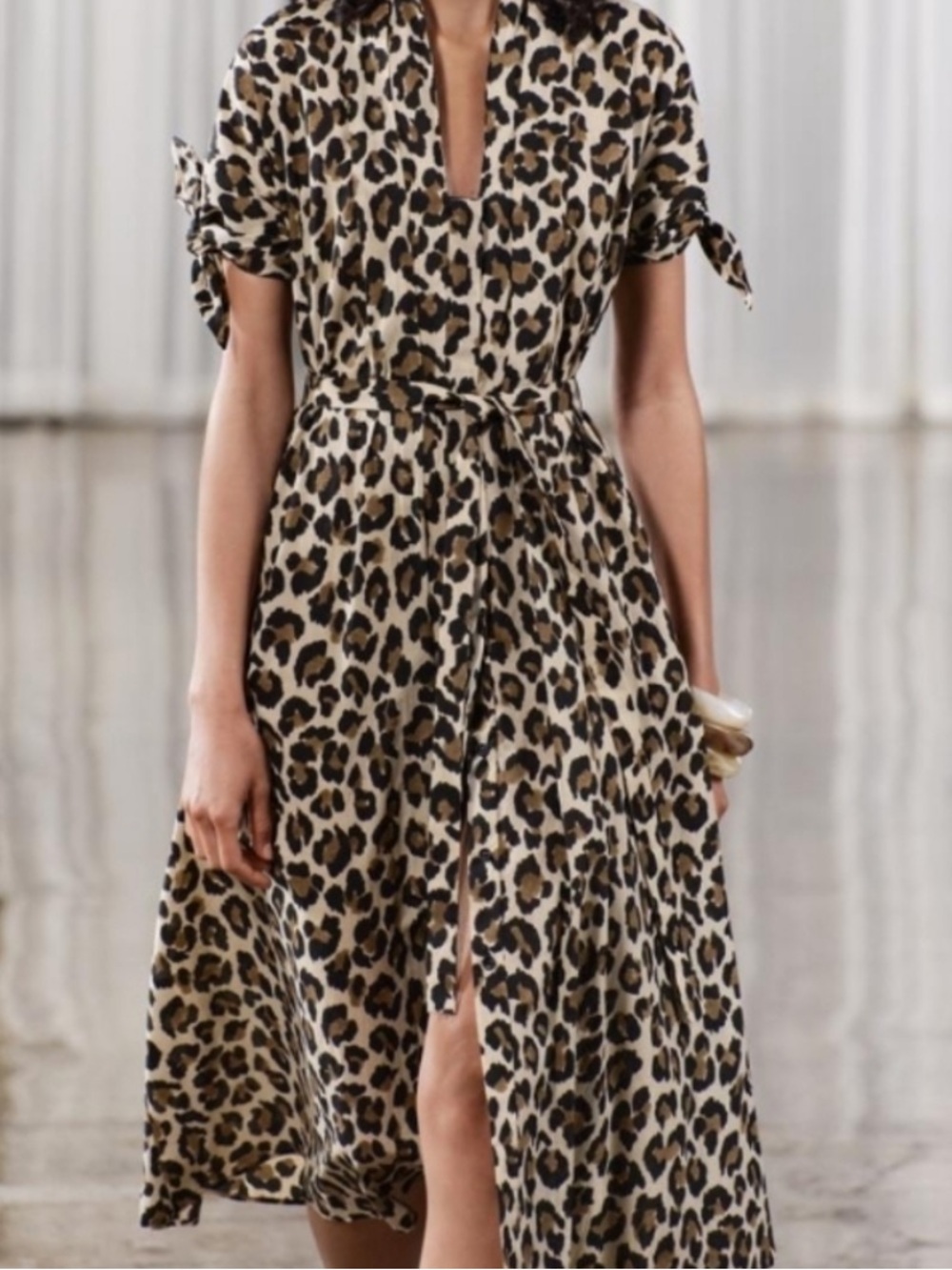 ZARA Leopard Print Tie-Waist Midi Dress in Tan/Black